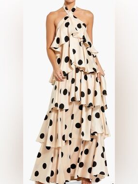 Mac Duggal Beige Dress with Black Polka Dots
